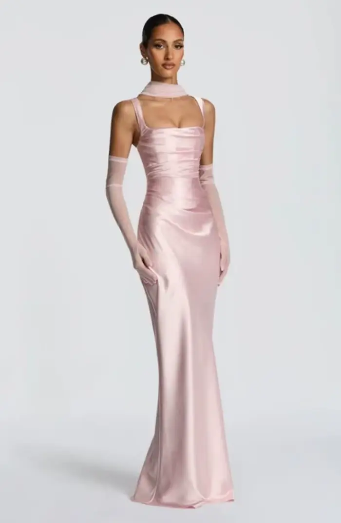 Robe longue en Satin sans bretelles, élégante, Corset vert, dos nu, rose, soirée, anniversaire, mari
