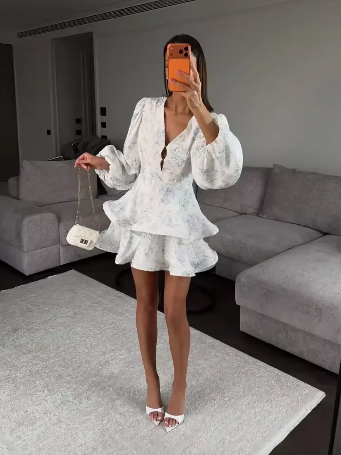 Robe Courte Femme Imprimé Floral Col V Manches Ballon Détail Trou de Clé Ourlet Volanté Étages