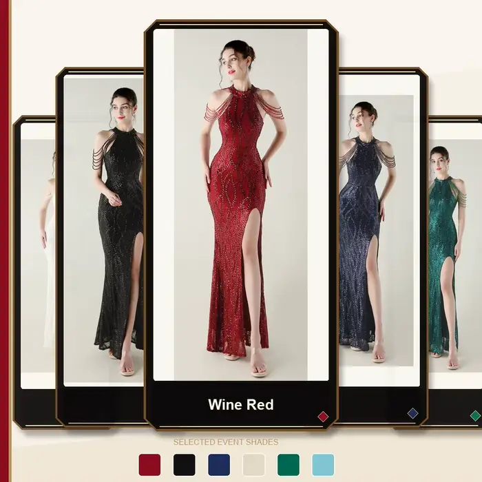 Robe de soirée sirène élégante et luxueuse à sequins et perles col halter épaules dénudées coupe ajustée polyester élasthanne toutes les saisons occasions spéciales