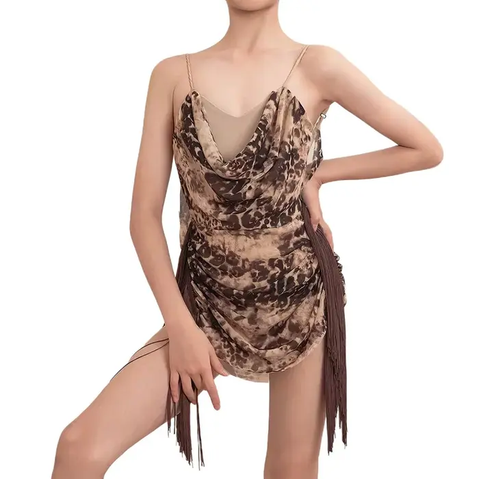 Robe de danse latine à imprimé léopard avec franges