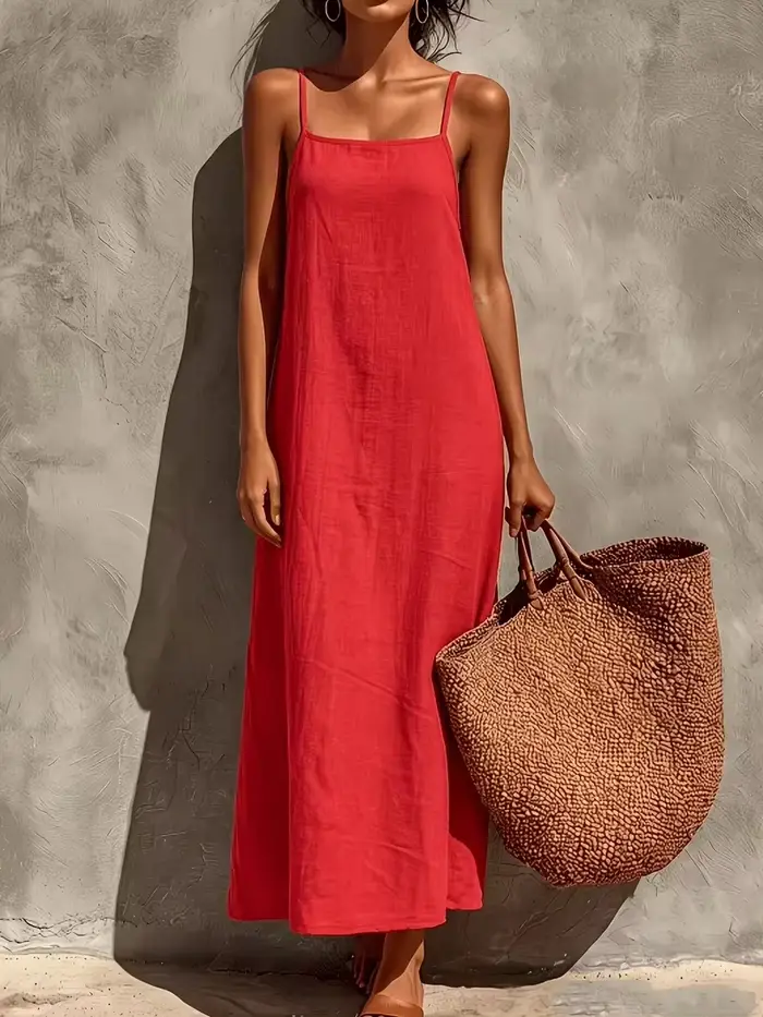 Nouvelle Robe Longue Droite Ample en Lin Français pour Femme, Col Carré Rouge Rétro, en Lin Texturé Sélectionné Anti-Humidité