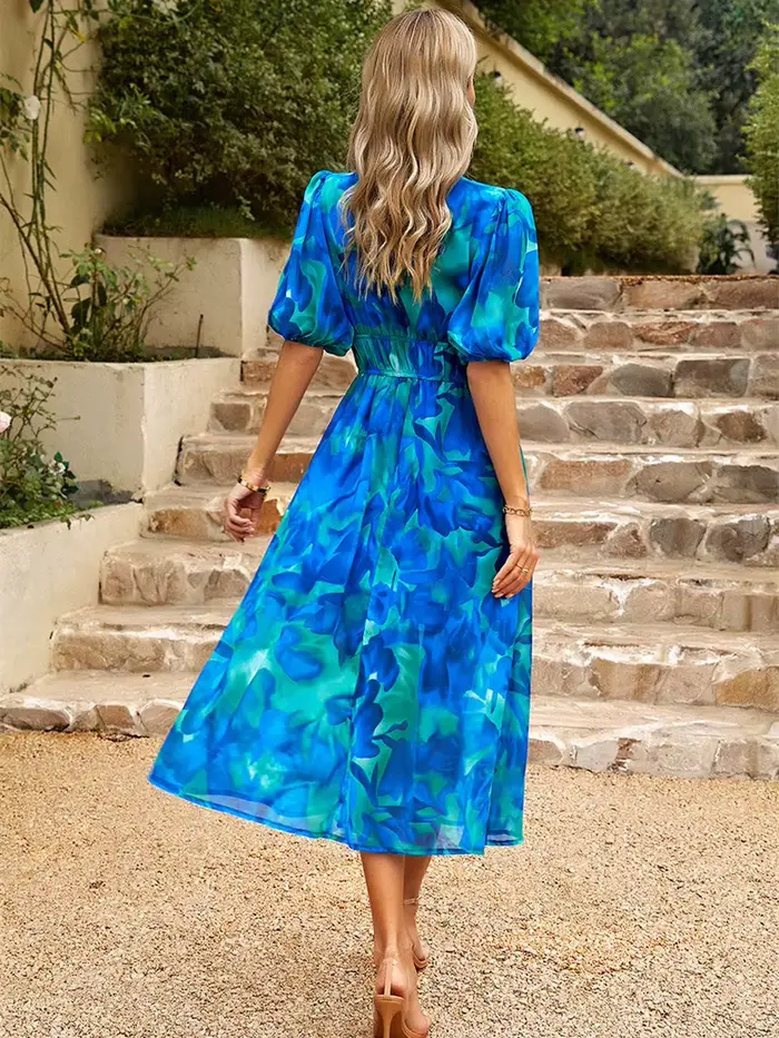 Robe Longue en Mousseline de Soie pour Femme, Vêtement de Loisirs, Imprimé, Taille Serrée, Col en V, Manches Lanternes, Printemps et Été
