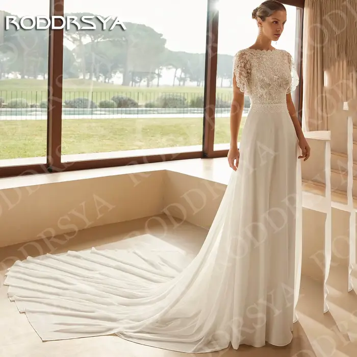 Robe de mariée bohème élégante en mousseline de soie avec train détachable pour femmes, dos nu, saisonnière, occassions spéciales