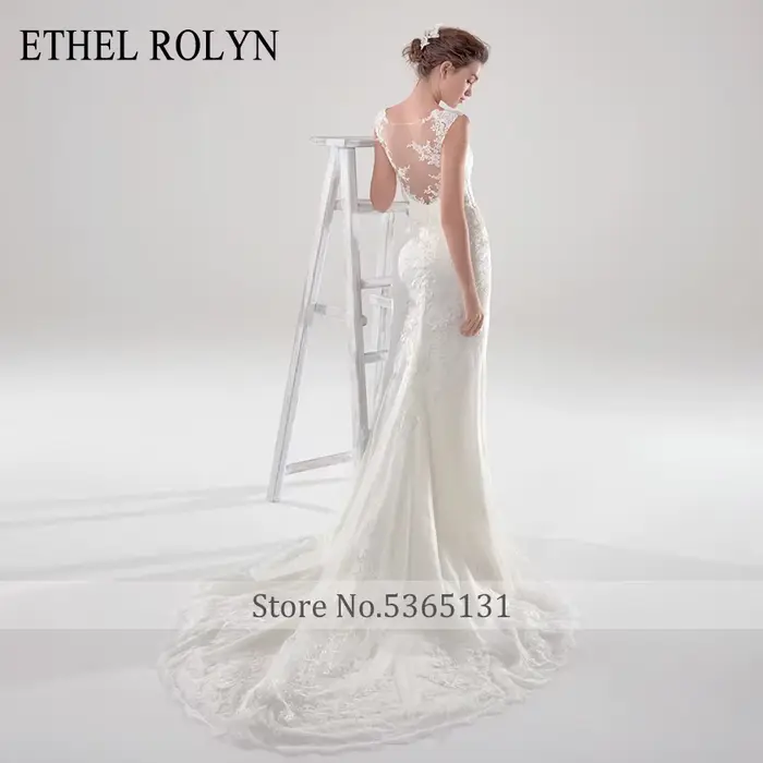 Robe de mariée sirène Ethel Rolynd avec dentelle et appliques, dos nu, col rond, disponible en plusieurs couleurs et tailles personnalisables pour femmes occasions spéciales