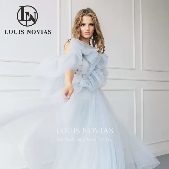 Robe de mariée A-Line en tulle bleu dos nu bretelles spaghetti col en V pour femmes occasions spéciales mariage soirée gala