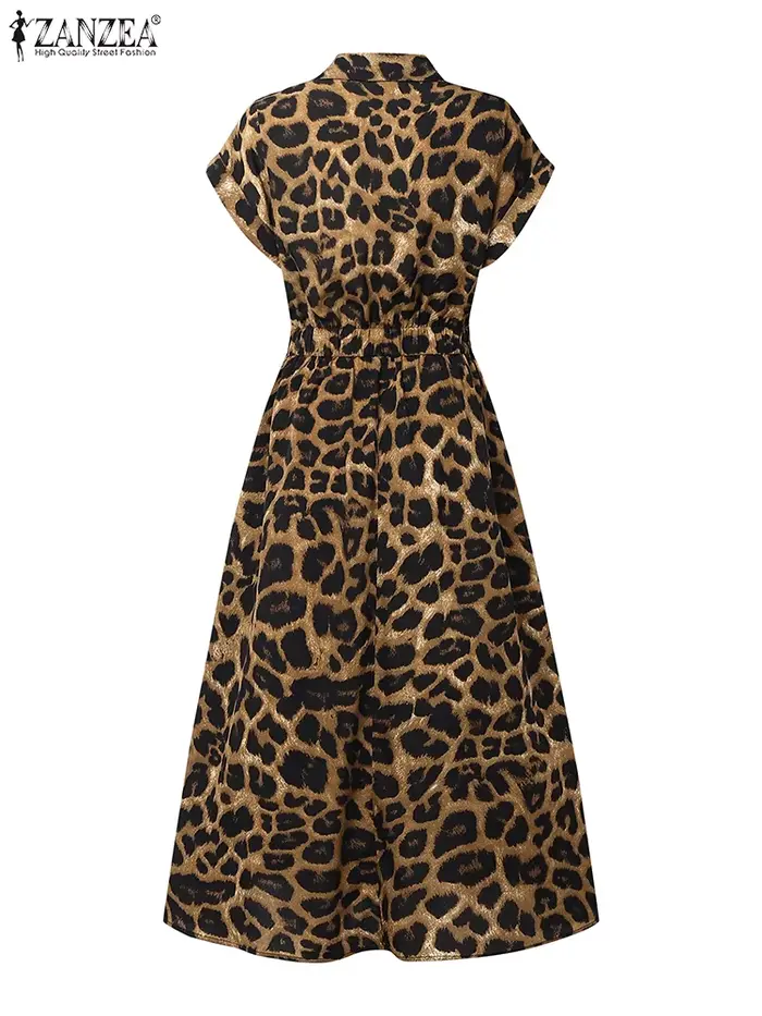 Robe léopard ZANZEA pour femme, polyester, coupe moderne, col rabattu, motifs léopard, occasion bureau et soirée