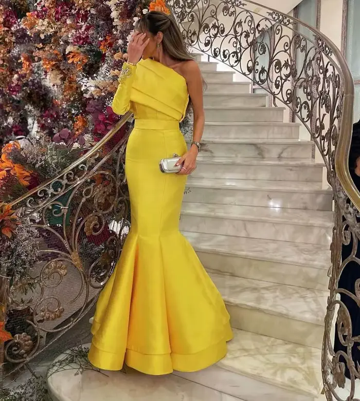 Robe de Soirée Sirène en Satin Jaune à Manches sulf, Longueur au Sol, Perles, Dubaï, Arabie Saoudite