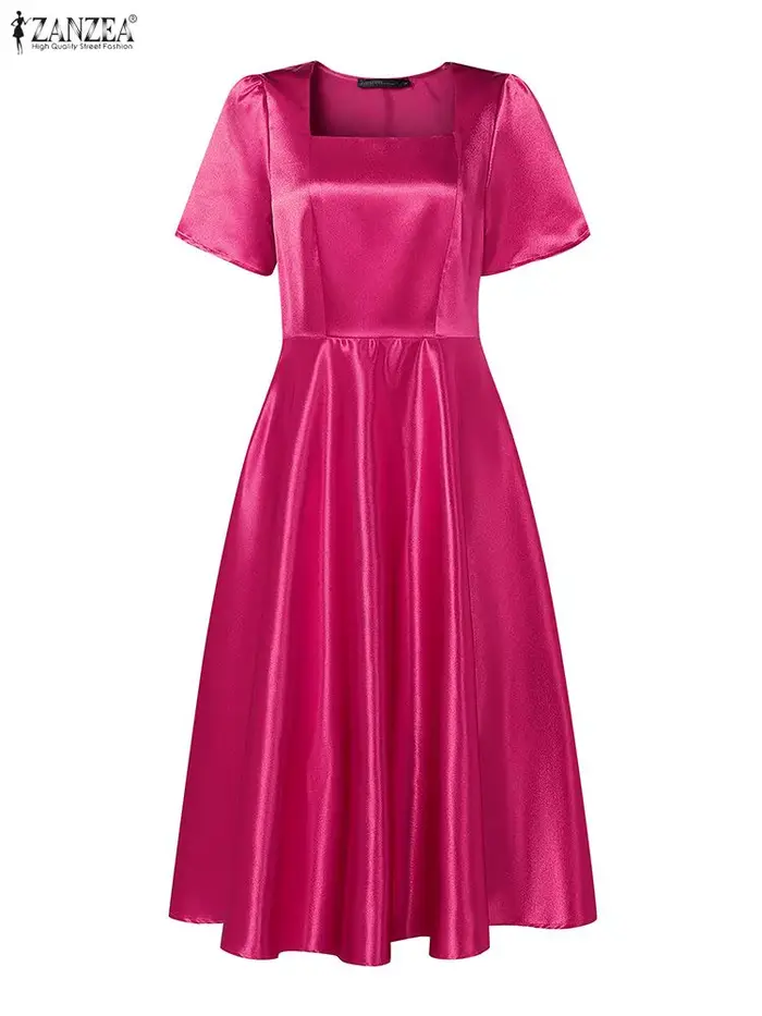 Robe de soirée élégante ZANZEA femmes robes 2025 col carré manches pétales Satin
