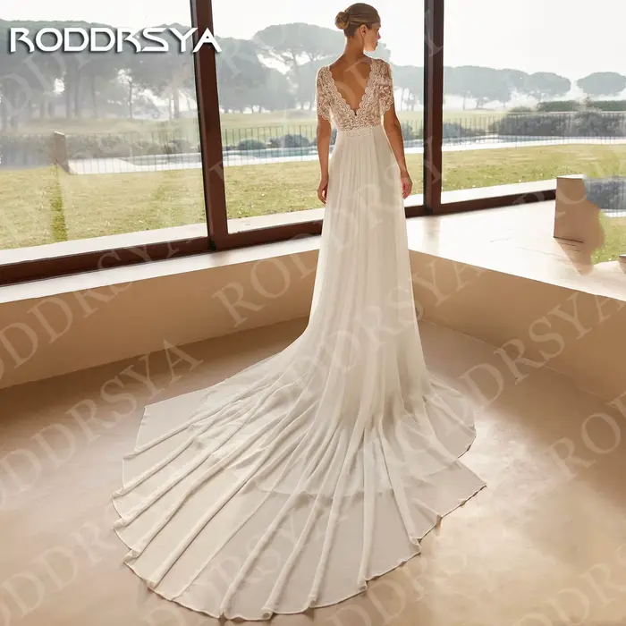 Robe de mariée bohème élégante en mousseline de soie avec train détachable pour femmes, dos nu, saisonnière, occassions spéciales