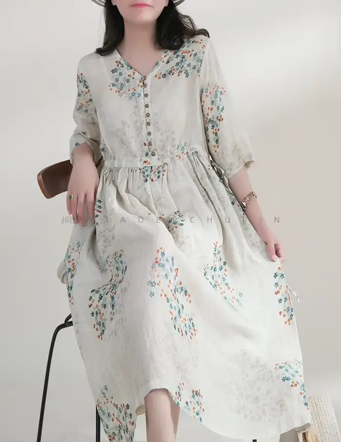 Robe d'été longue imprimée THHONE élégante avec col en V pour femmes occasions spéciales vintage style plage coréen