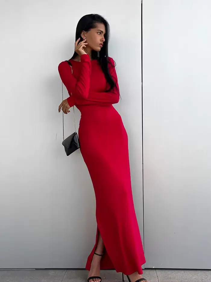 Robe de soirée glamour à manches longues col rond coupe gaine en polyester et coton pour femme style sexy club automne hiver