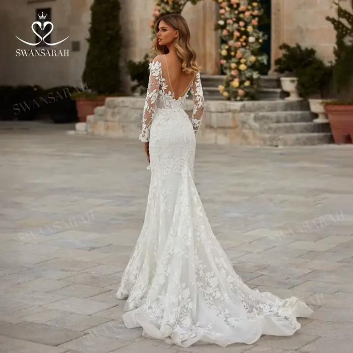 Robe de mariée sirène SwanSarah M0.25 en polyester, avec manches longues, fleurs 3D, soutien-gorge intégré, pour femmes enceintes, occasions spéciales, mariage traditionnel, cérémonies de fiançailles, événements de charité