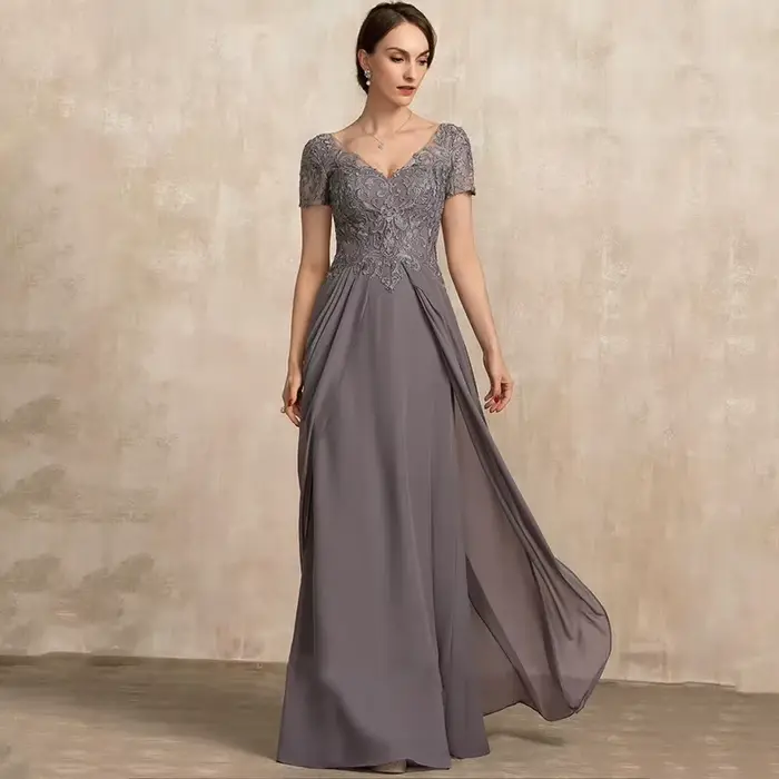 Robe de Mère de la Mariée en Mousseline avec Dentelle Fleurié Pour Soirées et Cérémonies Spéciales
