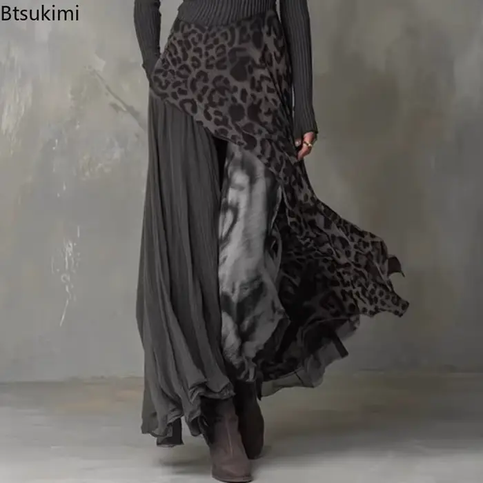 Robe longue élégante pour femme à imprimé léopard et empiècements, taille haute, pour soirées, printemps-automne, à manches longues et volants, style maxi occasions spéciales