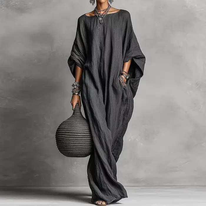 Robe de soirée ample à manches chauve-souris trois-quarts, robe longue simple à col rond pour femme