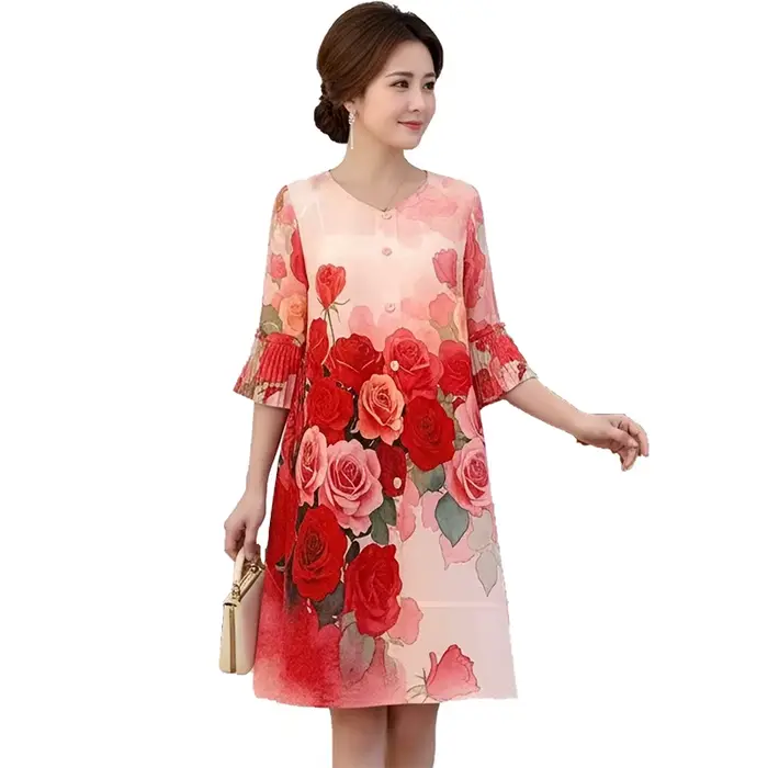 Robe plissée évasée à imprimé floral rose rouge pour femme LANMREM