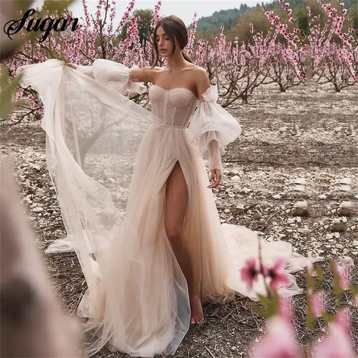 Robe de Mariée Boho Rose Sale avec Manches Bouffantes Amovibles