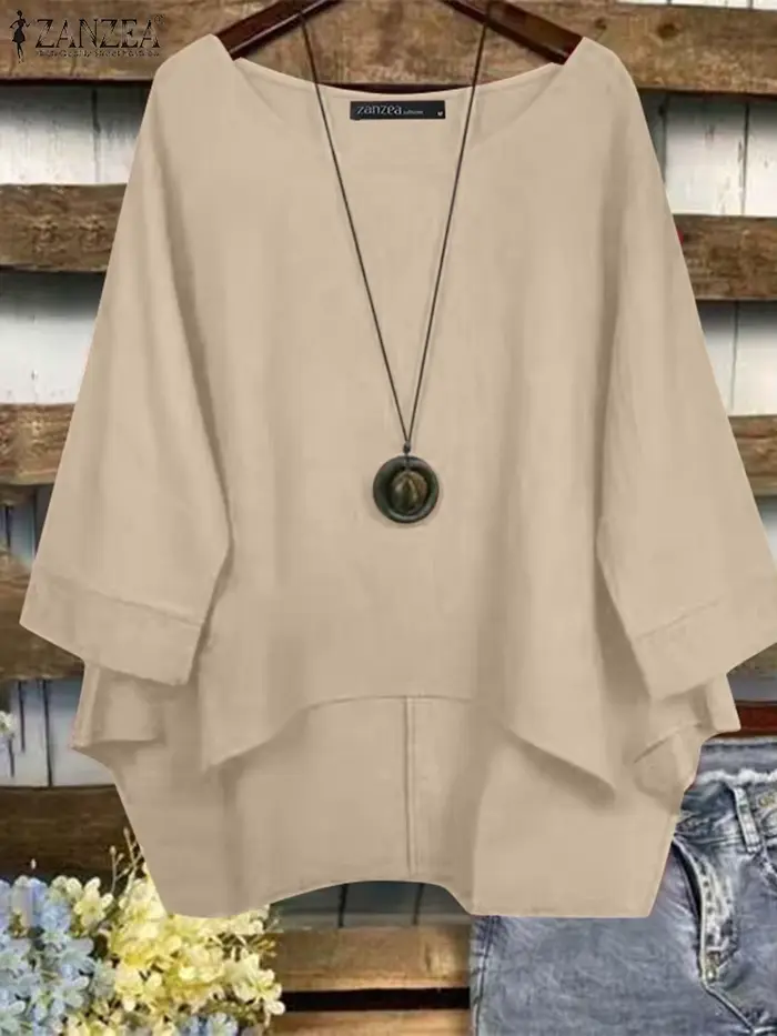 ZANZEA Blouses décontractées été 2026 pour femme en coton à ourlet asymétrique haut-bas, manches 3/4