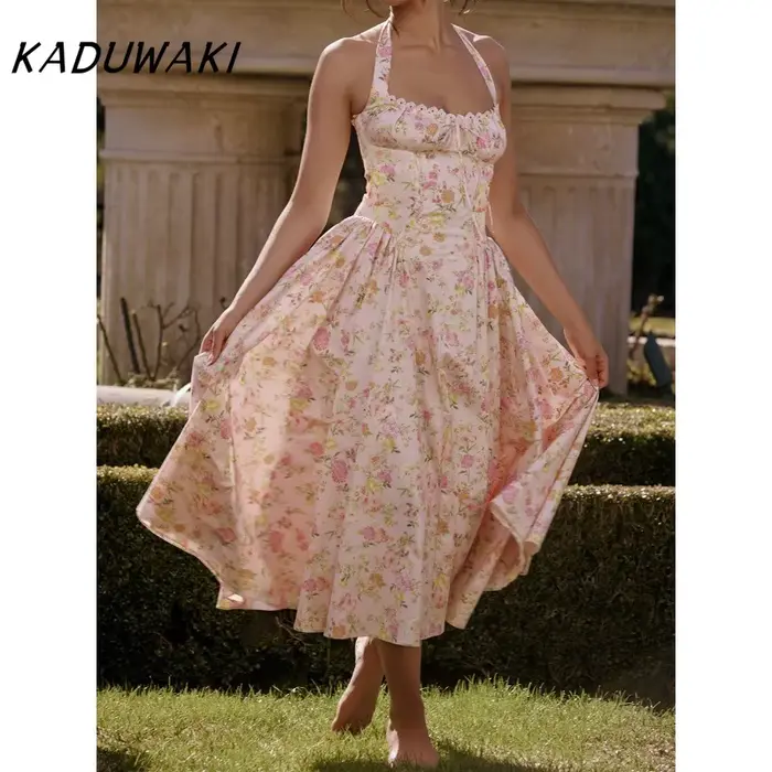 Robe midi KADUWAKI d'inspiration bohème à imprimé floral rose pour femme, sans bretelles, avec fente latérale, corset, robes d'été élégantes pour femmes, robes de soirée