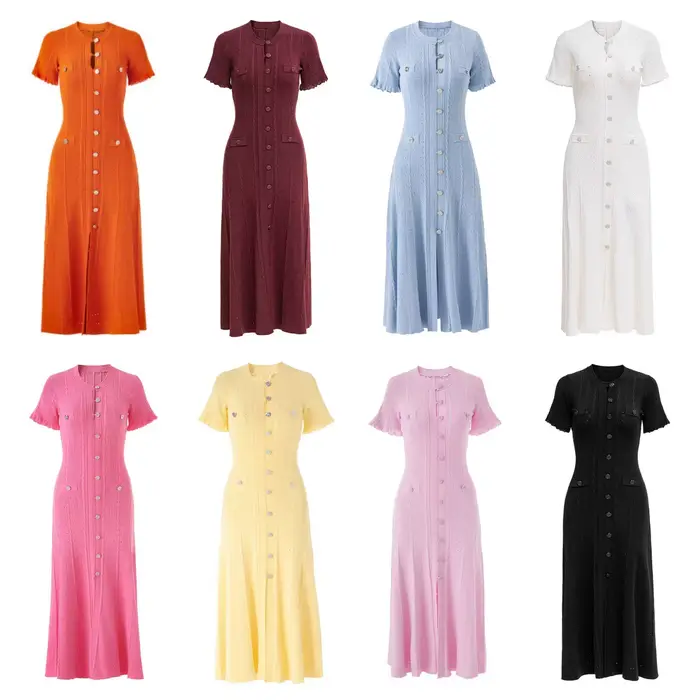 Robe midi élégante de style français à manches courtes en maille côtelée