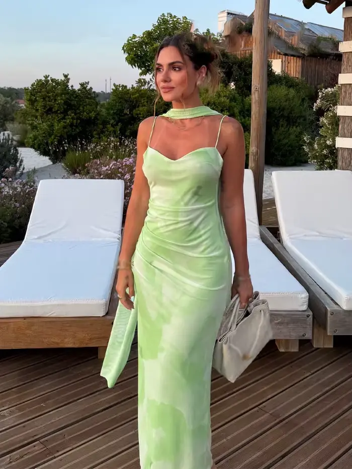HH femmes vacances d'été vert clair romantique écharpe décorée Tulle robe mi-longue femme dos nu mince Sexy fronde