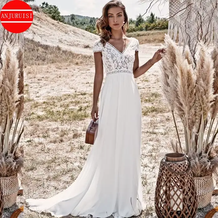 Robe de mariée bohème à manches courtes avec appliques en dentelle, en mousseline sexy, pour femme, 