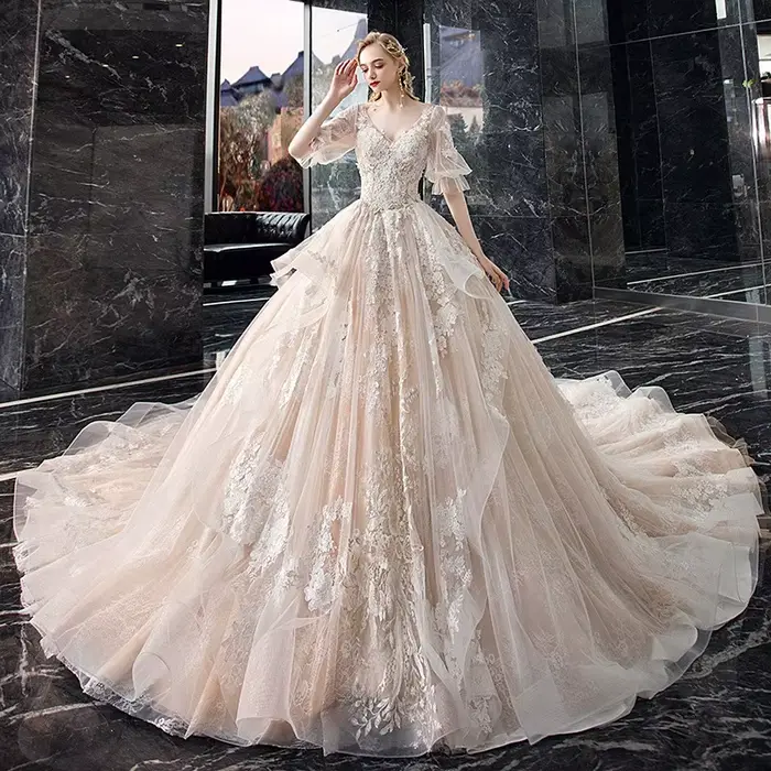 Robe de mariée Super Féerique col en V longue queue personnalisable pour femmes grandes occasions spéciales