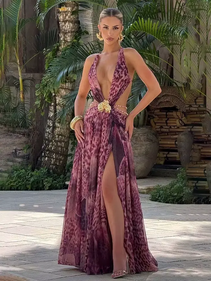 Robe Townlike Léopard A-Ligne Maxi Femme Col Monté Pour Soirées Gala Réceptions Mariages Occasions Spéciales