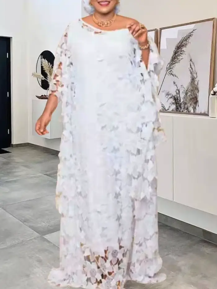 Robe en dentelle ample pour femmes, élégante et décontractée, idéale pour mariages et soirées de gala, en polyester et fibre synthétique, style africain, col rond et manches chauve-souris