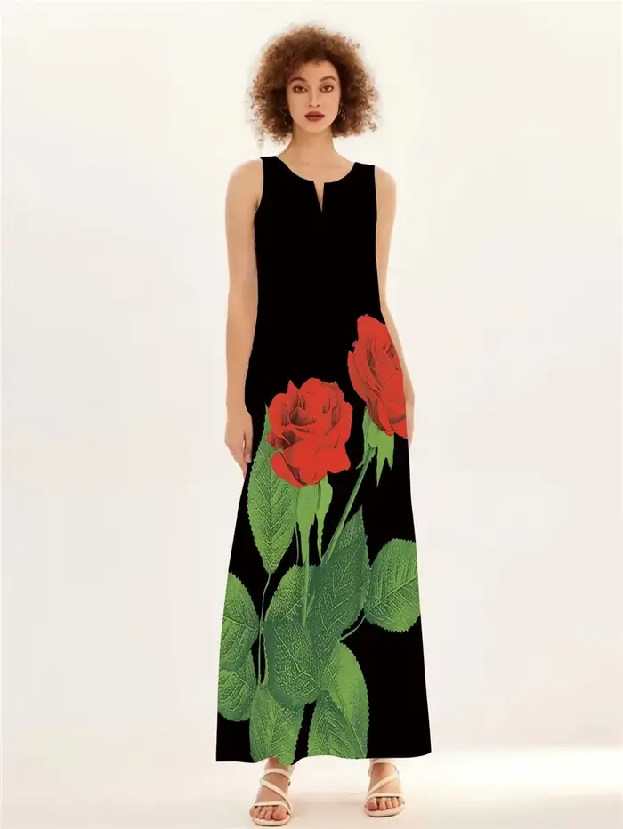 Robe imprimée rose rouge décontractée pour femmes, été, sans manches, col en V, avec poches, idéale pour la plage et les soirées, disponible en plusieurs tailles et couleurs