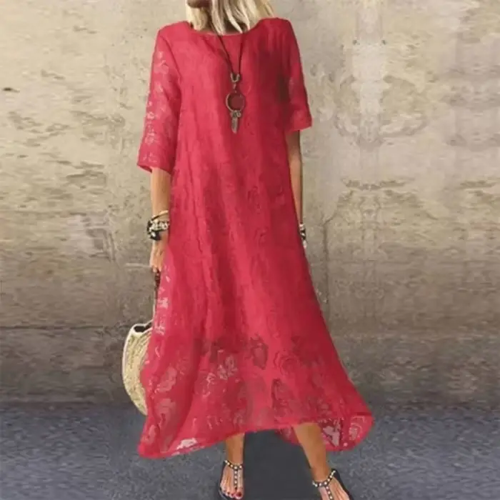 Femmes L-5XL grande taille été col rond manches courtes dentelle longue robe Vintage fait à la main 