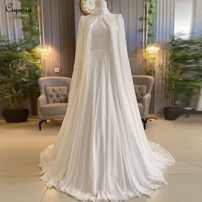 Robe de mariée musulmane de luxe personnalisée Ciynsia 2026 en mousseline avec perles, coupe trapèze