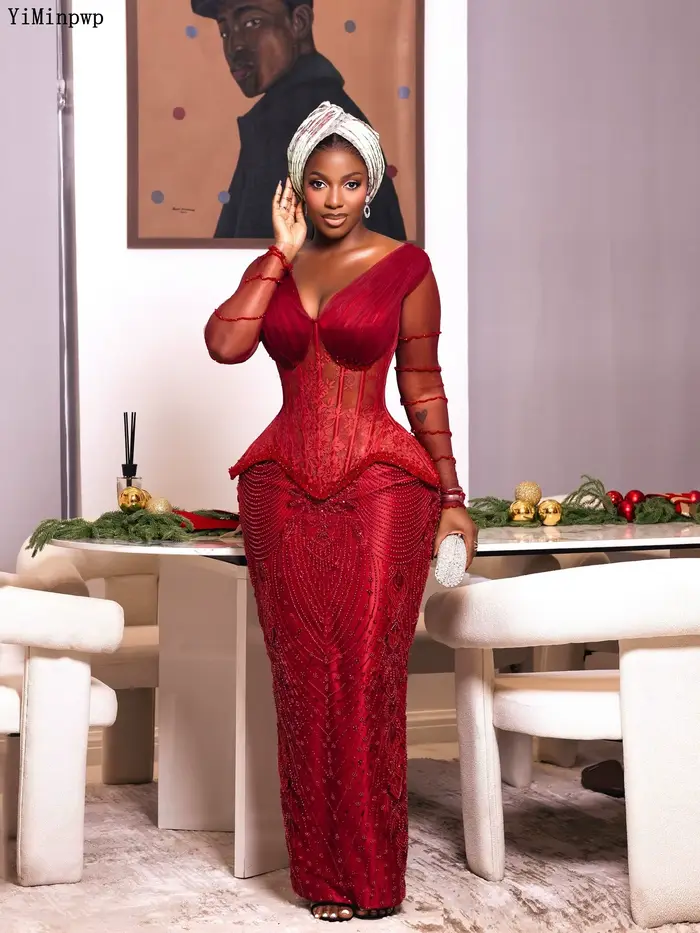Robe de soirée formelle rouge Aso Ebi pour femme 2026