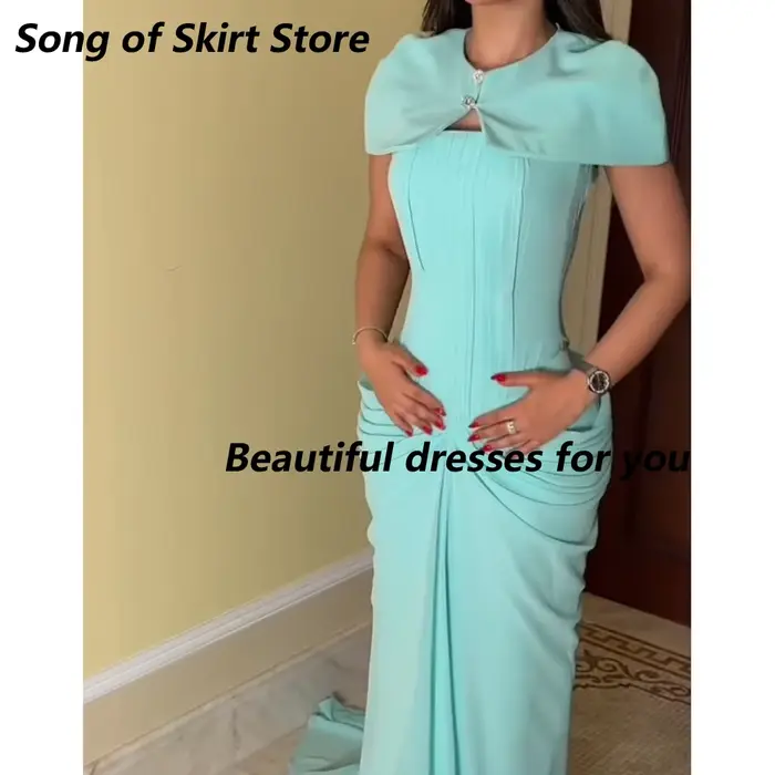 Robe de soirée élégante et droite, personnalisée, col rond, manches courtes, plissée, en jersey, lon