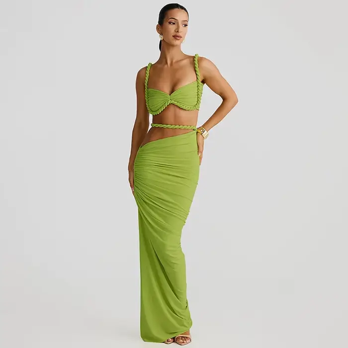Île belle robe Ins fille épicée vent coeur Machine Sexy bord de mer vacances île haute fente portant ensemble deux pièces