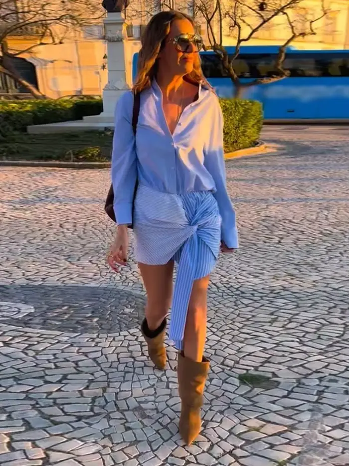 Robe chemise rayée bleu clair pour femme