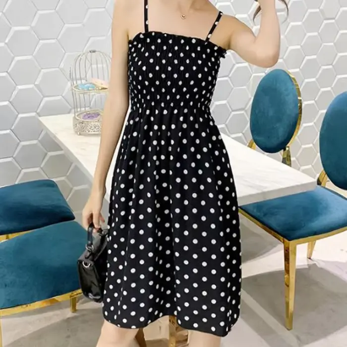 Mini robes d'été mode femme élastique taille haute décontractée Spaghetti sangle robe sans manches f