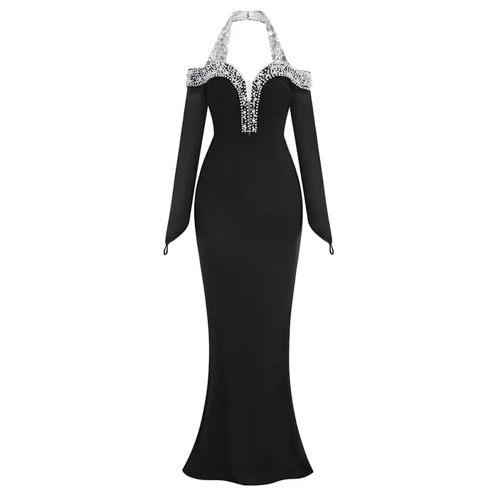 Robe longue sirène noire glamour avec strass, col licou, manches épaules dénudées, robe de soirée de bal