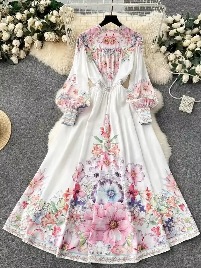 Femmes bohème col en V manches longues lanterne taille élastique Robe Maxi florale automne magnifique fleur