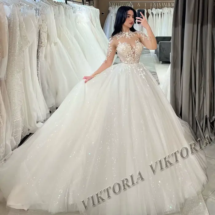 VIKTORIA-Robes de mariée brillantes princesse pour femmes, boule de mariée, appliques en tulle à man