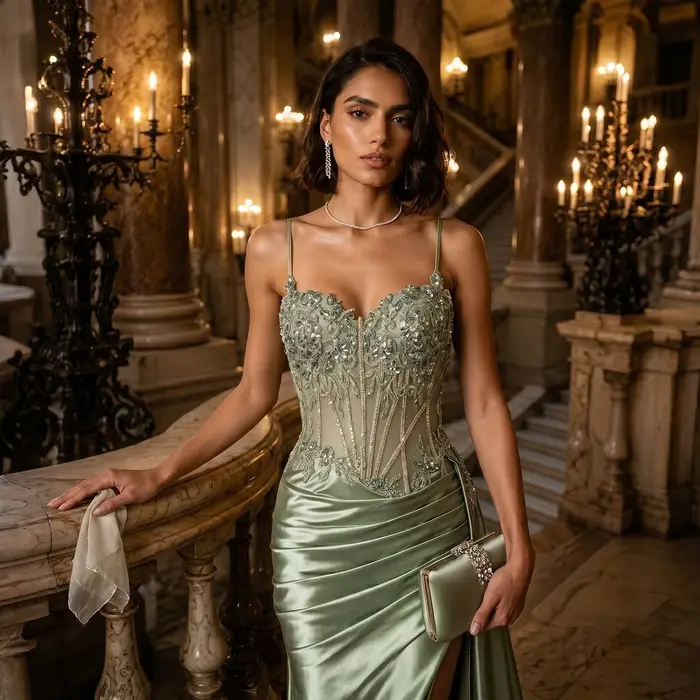 Robe de soirée Sharon Said 2026 en polyester satiné avec décolleté Mon Amour et motifs floraux pour mariage et bal de promo