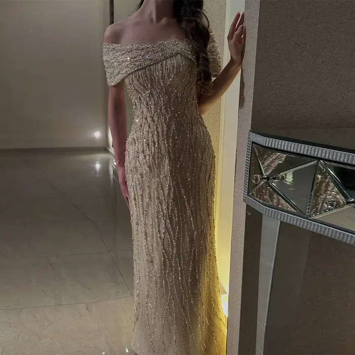 Robe de soirée personnalisable en polyester pailletée et perlée sans manches col bateau pour femmes soirées formelles mariages proms occasions spéciales