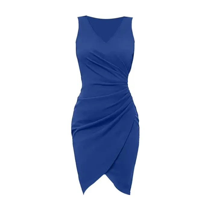 Robe de cocktail féminine sexy col en V sans manches wrap plissée couleur unie pour femmes occasions formelles soirée festive