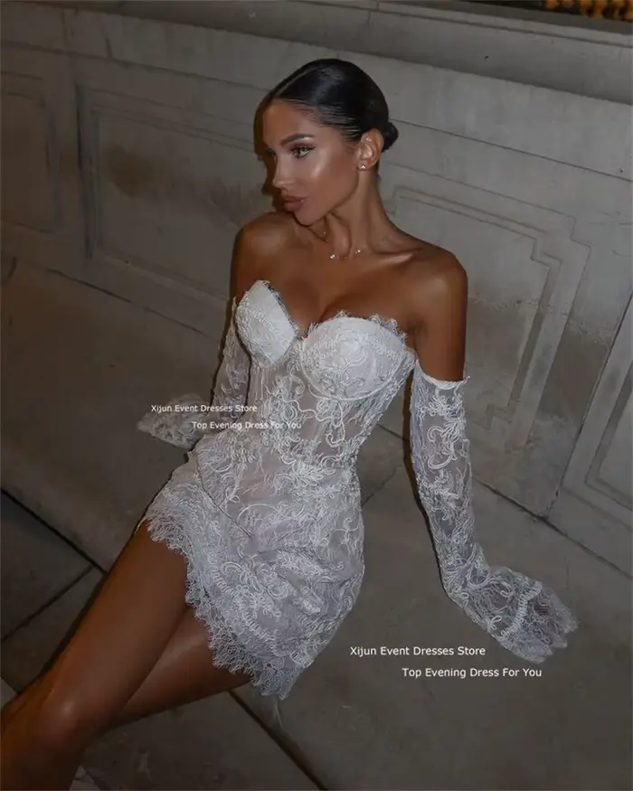 Xijun-Robe de Mariée Courte en Dentelle à Manches en Cœur