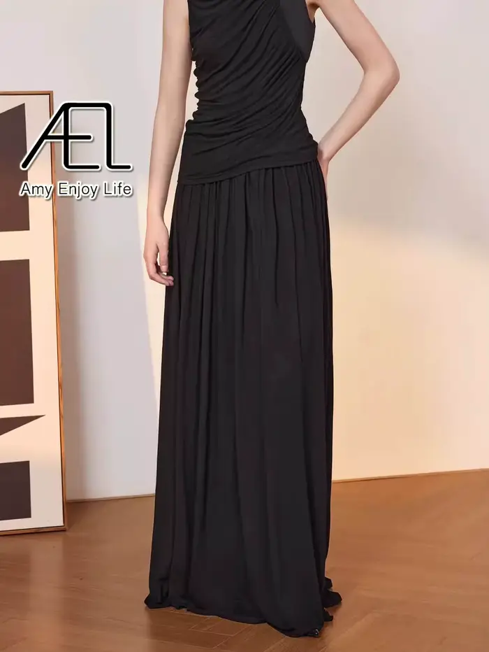 AEL robes couleur unie a-ligne jupes pour femme vêtements taille haute élastique jupe longue femmes élégantes