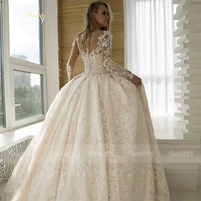 Robe de mariée à paillettes et dentelle brodée sur filet, robe de bal avec manches longues et col rond pour femmes, occasions spéciales et cérémonies