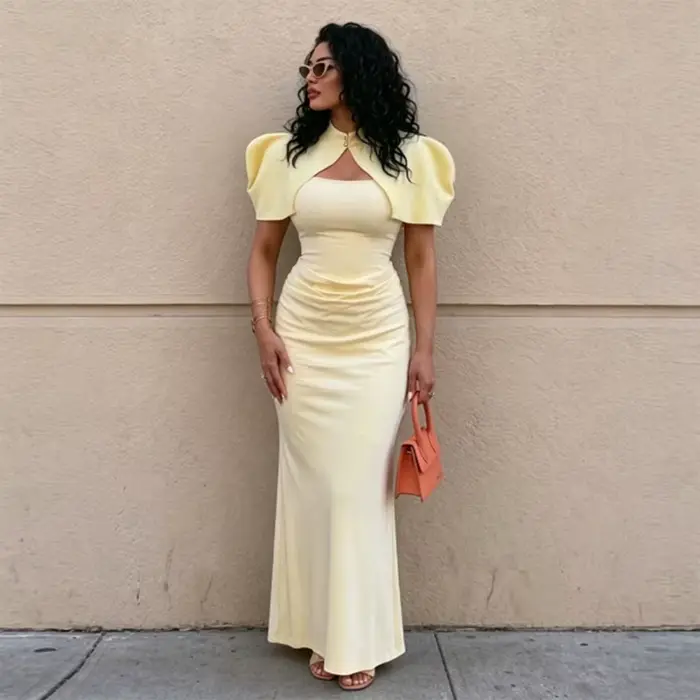 Robe longue jaune 2 pièces avec manches bouffantes et taille froncée courte pour soirée de bal événements formels et remises de diplômes occaions spéciales