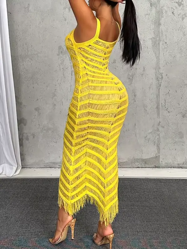 Été 2025 nouveau décontracté Sexy élégant femmes robes moulante col en v longue évider gland ourlet sans manches Maxi robe tricotée