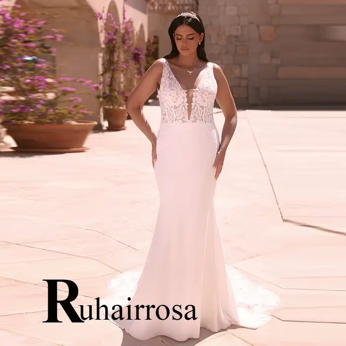 Ruhair robes De mariée fantaisie pour mariée trompette sans manches Appliques bouton Court Train Rob