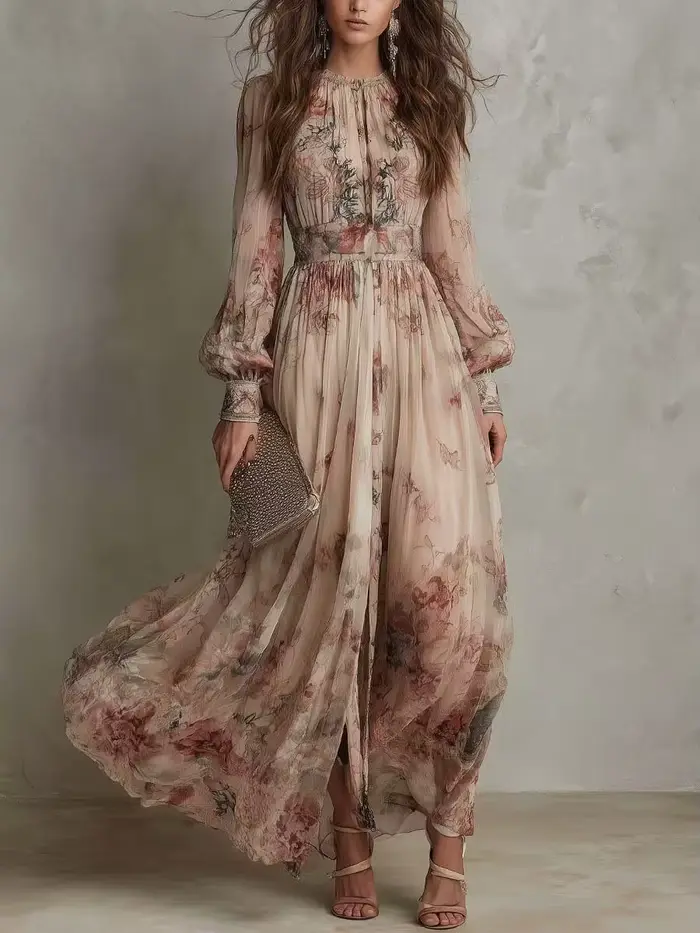 Robe longue plissée bohème vintage imprimée, col rond, manches longues, grande jupe évasée, pour fem